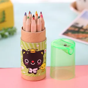 Close-up of 12 mini colored pencils in a cartoon tube with sharpener cap