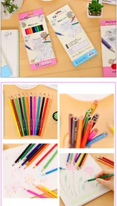 Detailed collage of colorful pencil sets for children's drawing and art activities