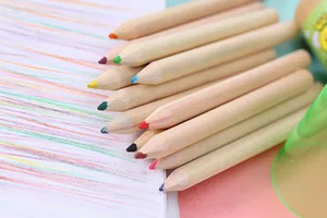Close-up view of 12-color natural wooden colored pencils with vibrant sharp tips