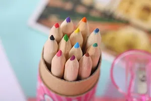 Macro detail of 12-color wood colored pencils tips in eco-friendly tube packaging