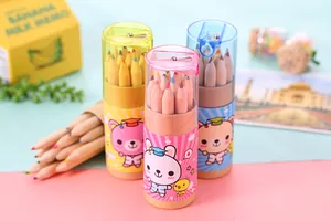 12-color cartoon colored pencil set in cylindrical tubes with built-in pencil sharpeners