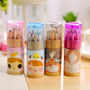 Mini Set de Crayons Multicolores Avec Couvercle Taille-crayon Design Fille Ours Dessin Animé Crayons en Bois Papeterie Étudiante