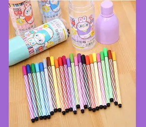 Detailed view of 24 colorful watercolor pens with striped barrels and bottle container