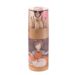 Lot de 12 mini crayons de couleur dans un tube en carton kraft avec couvercle taille-crayon