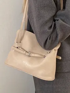 Bolso Tote de Cuero PU de Color Sólido Minimalista Para Mujer Gran Capacidad Casual Conmutador Bolso de Hombro Retro Vibe Handbag