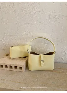 Elegante borsa a secchiello minimalista giallo pallido e pochette abbinata su pietra
