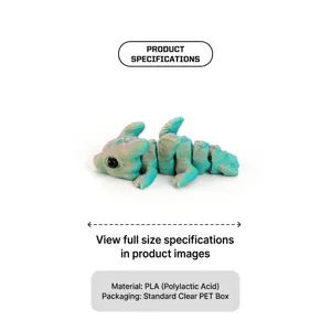 Giocattolo animale mitico articolato stampato in 3D colorato in PLA su sfondo bianco