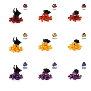 Collection of 3D printed articulated pirate octopus desk toy ornaments in 9 colors