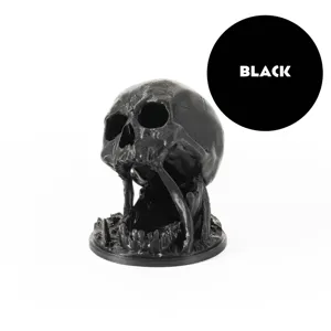 Detailansicht des 3D-gedruckten schwarzen Totenkopf-Würfelturms für Tabletop-Spiele