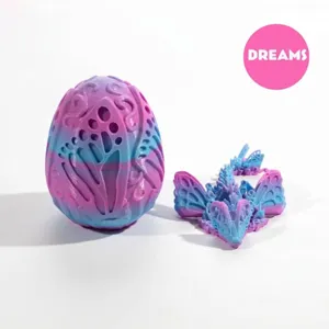 3D printed butterfly dragon and egg set in vibrant pink and blue gradient colors.