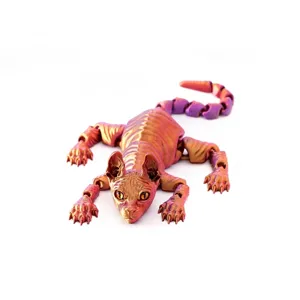 Macro detail of 3D printed articulated cat with iridescent red gold purple finish