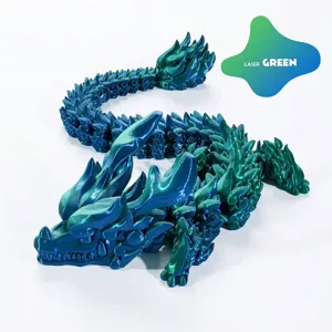Detailed macro view of the 3D printed articulated dragon in laser green metallic finish