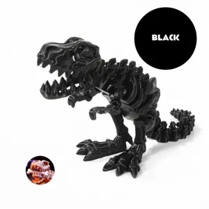 Detail view of a black 3D printed T-Rex dinosaur skeleton action figure toy model.