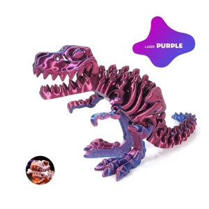 Detailed macro view of a 3D printed T-Rex skeleton toy in laser purple
