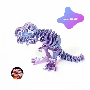 Detailed view of 3D printed T-Rex skeleton toy in fantasy blue with bone accessory
