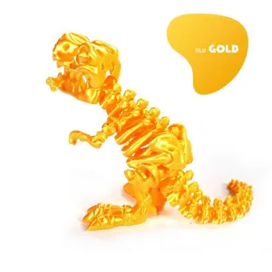 Detail of silk gold 3D printed T-Rex skeleton model with articulated joints and bone accessory