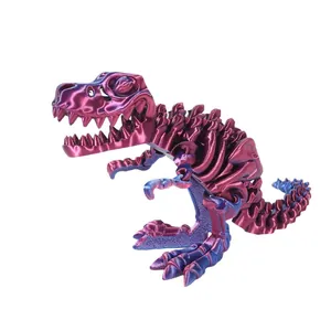 Articulated 3D printed T-Rex skeleton toy in metallic purple and blue gradient finish