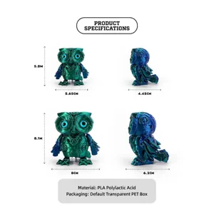 Articulated mechanical owl figure 3D printed in cyberpunk style iridescent finish