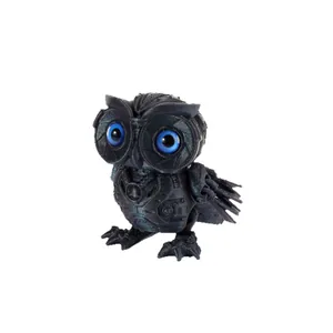 Articulated 3D printed mechanical owl figure with cyberpunk style and blue eyes