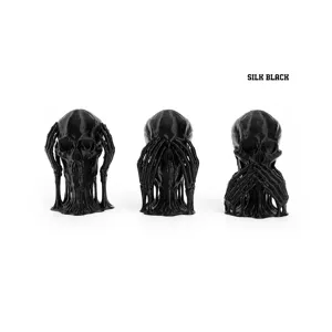 Three-piece set of 3D printed See Hear Speak No Evil skulls in silk black finish