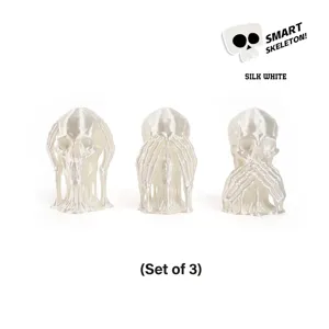 Macro detail of the 3D printed Hear No Evil See No Evil skeleton set in silk white finish