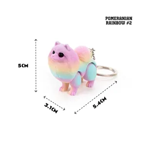Articulated 3D printed Pomeranian rainbow dog keychain with dimensions 5.4x3.1x5cm