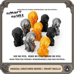 3D printed three wise skulls figurine set in metallic black gold and silver colors