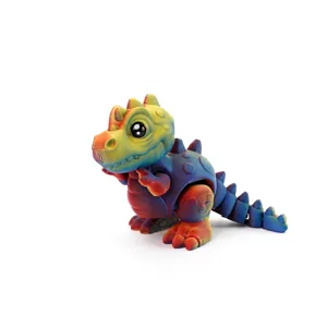 Detailed view of articulated 3D printed rainbow T-Rex dinosaur toy figurine