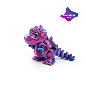 Close-up of 3D-printed articulated dragon toy in iridescent laser purple