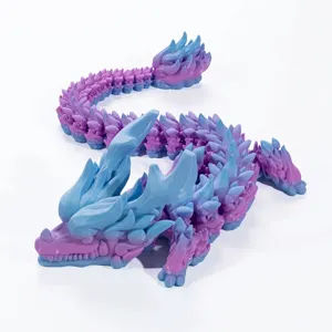 Detailed macro view of 3D printed articulated crystal dragon in blue and purple gradient