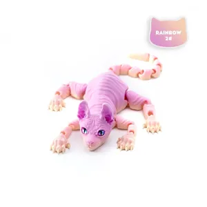 Close-up of a 3D printed articulated cat toy with gradient pink and purple colors