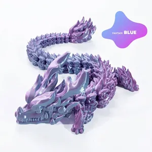 Detail view of articulate 3D printed dragon figurine in fantasy blue metallic finish