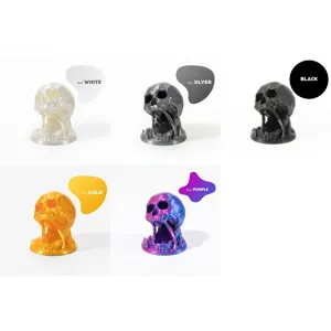 Set aus fünf 3D-gedruckten Totenkopf-Würfeltürmen in verschiedenen Seidenfarben