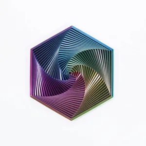 Detailed macro view of 3D-printed fractal fidget hexagon in iridescent colors.