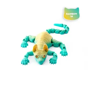 Detail of 3D-printed articulated Siamese cat toy with a vibrant rainbow gradient color finish.