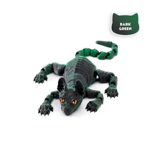 Detail of a dark green 3D printed articulated Siamese cat hybrid art figurine