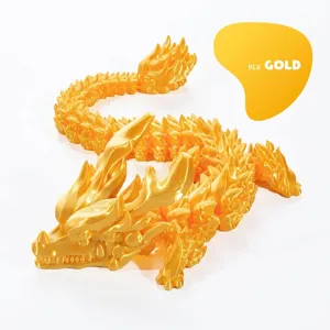 Detailed view of 3D printed articulated Chinese dragon figure ornament in silk gold finish