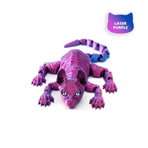 Detailed macro shot of a 3D printed articulated cat model in stunning laser purple.