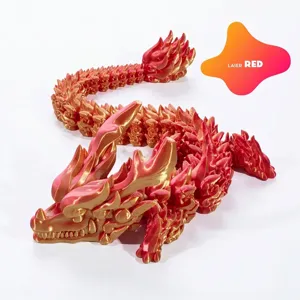 Detailed macro view of 3D printed articulated dragon in laser red and gold finish