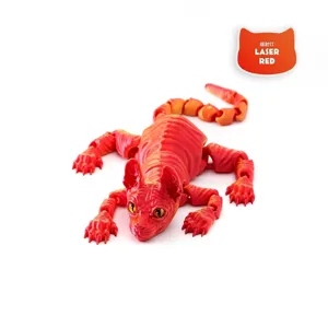 Detailed close-up of an articulated 3D printed Siamese cat toy in vibrant laser red