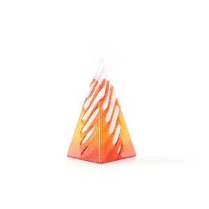 Close-up macro view of 3D printed pyramid fidget toy with orange and white spiral design