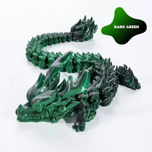Close-up detail of 3D printed articulated dragon figurine in silk dark green color