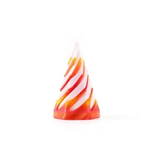 Close-up of a 3D printed swirl stress reliever toy with orange and white gradient