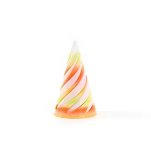Detail of 3D printed rainbow spiral fidget toy in orange and yellow gradient