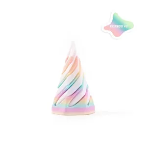 Close-up detail of a 3D printed rainbow spiral stress relief toy in a unique conical shape
