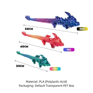 3D printed articulated dragon toy figures displayed in three sizes and vivid colors