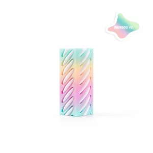Detailed macro view of a 3D printed stress relief toy with rainbow gradient spiral design