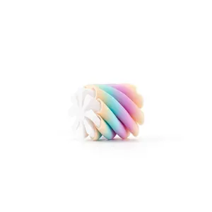 Macro detail view of a 3D printed fidget toy with rainbow spiral design and white base.