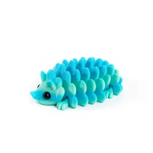 Detail view of a 3D printed hedgehog toy featuring a vibrant cyan gradient pinecone texture