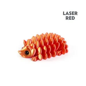 Detailed view of 3D printed articulated hedgehog toy in laser red metallic finish